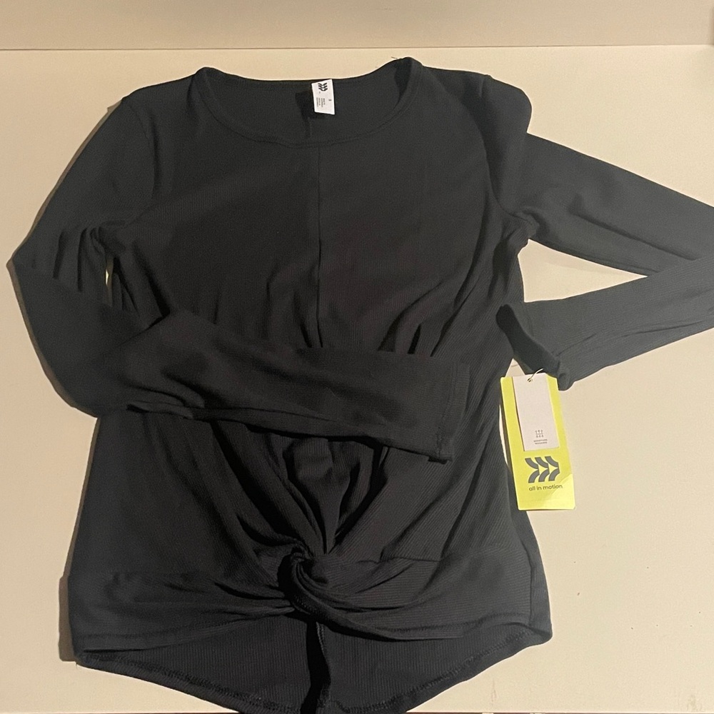 All in Motion Black Long Sleeve Knot Front Top
